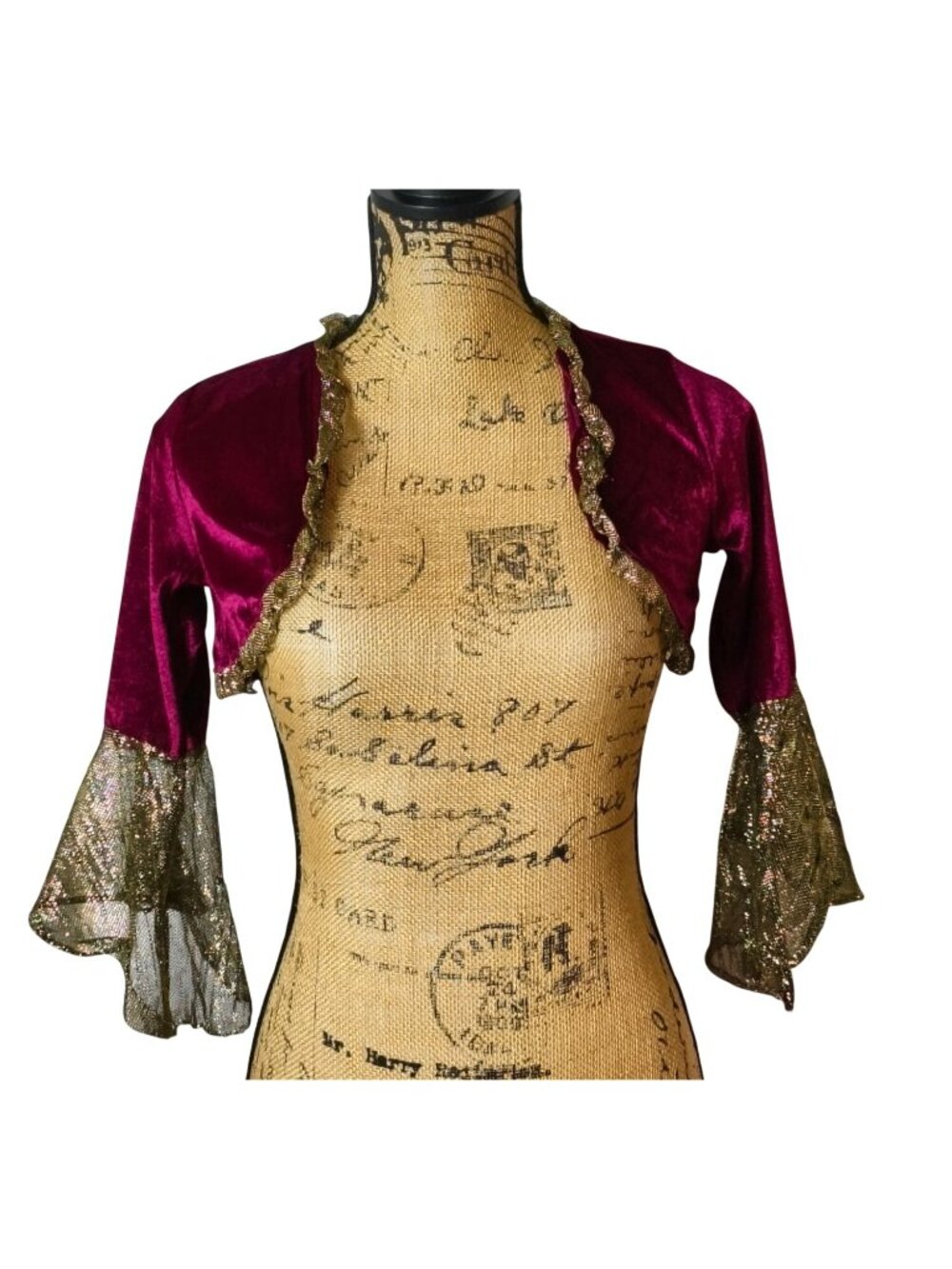 Girls L Velvet Burgundy Bolero Shrug Gold Trim Glitter Mesh Bell Sleeves